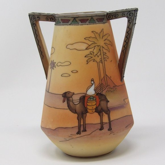 Antique Hand Painted Nippon Green Label Handled Vase with Egyptian Scene with Mo - Picture 5 of 10